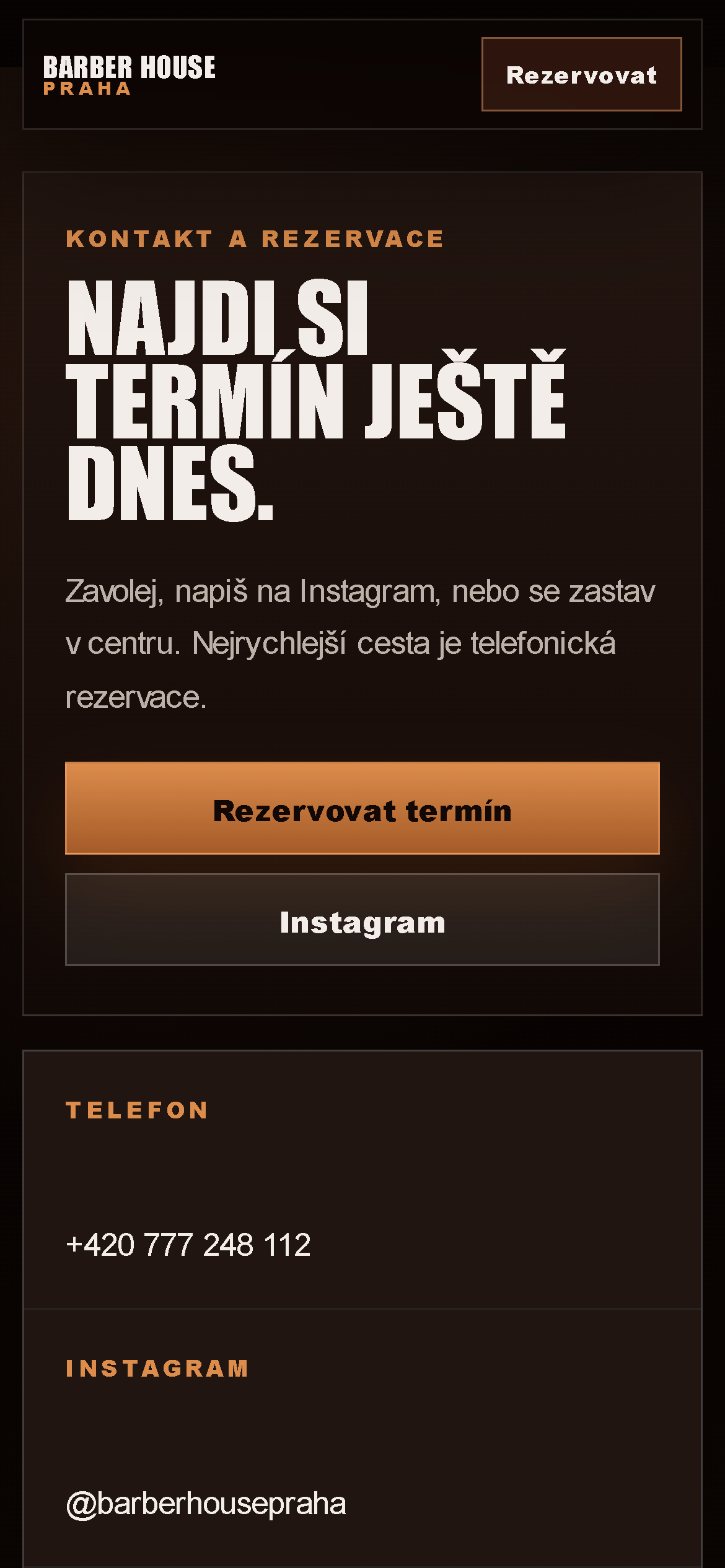 Mobilní kontaktní sekce barbershopu s tlačítkem rezervace, telefonem a Instagramem