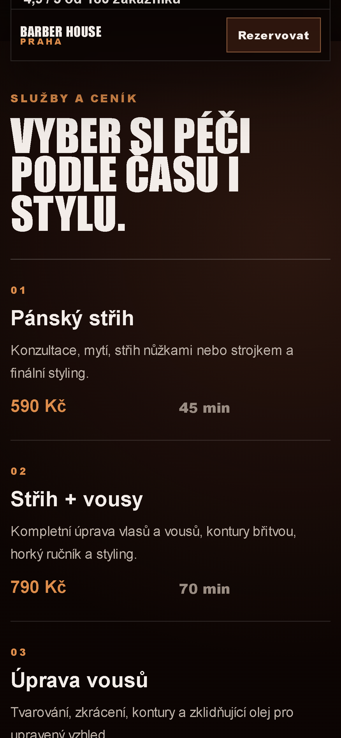 Mobilní ceník služeb barbershopu s popisem, cenou a délkou jednotlivých služeb