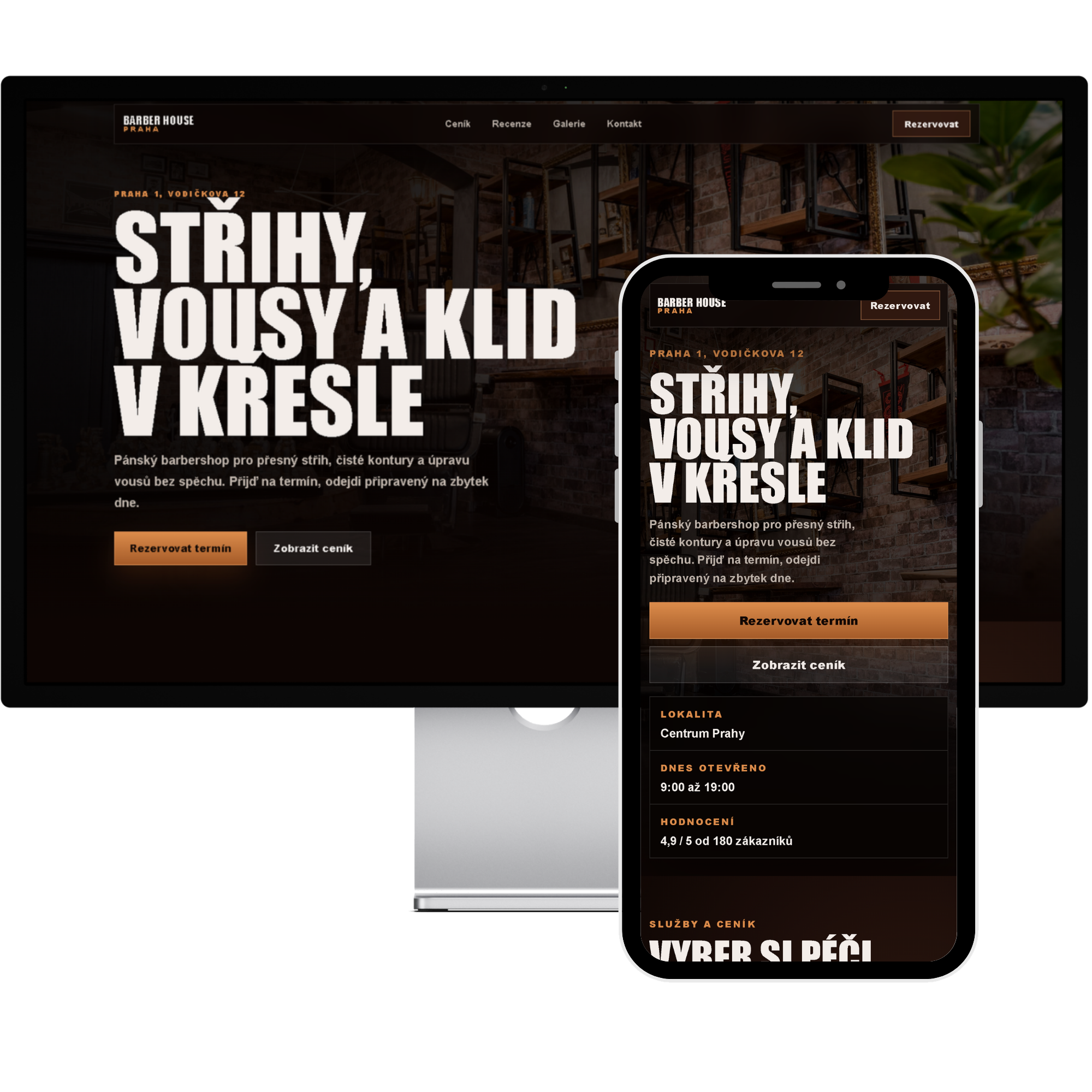 Mockup webu pro barbershop na desktopu a mobilním telefonu