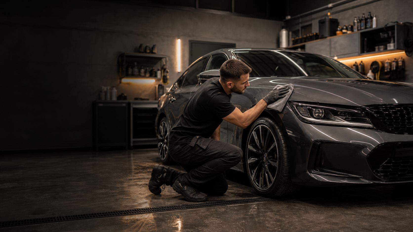 Detailer ručně leští tmavé auto v dílně Auto Čištění Profi