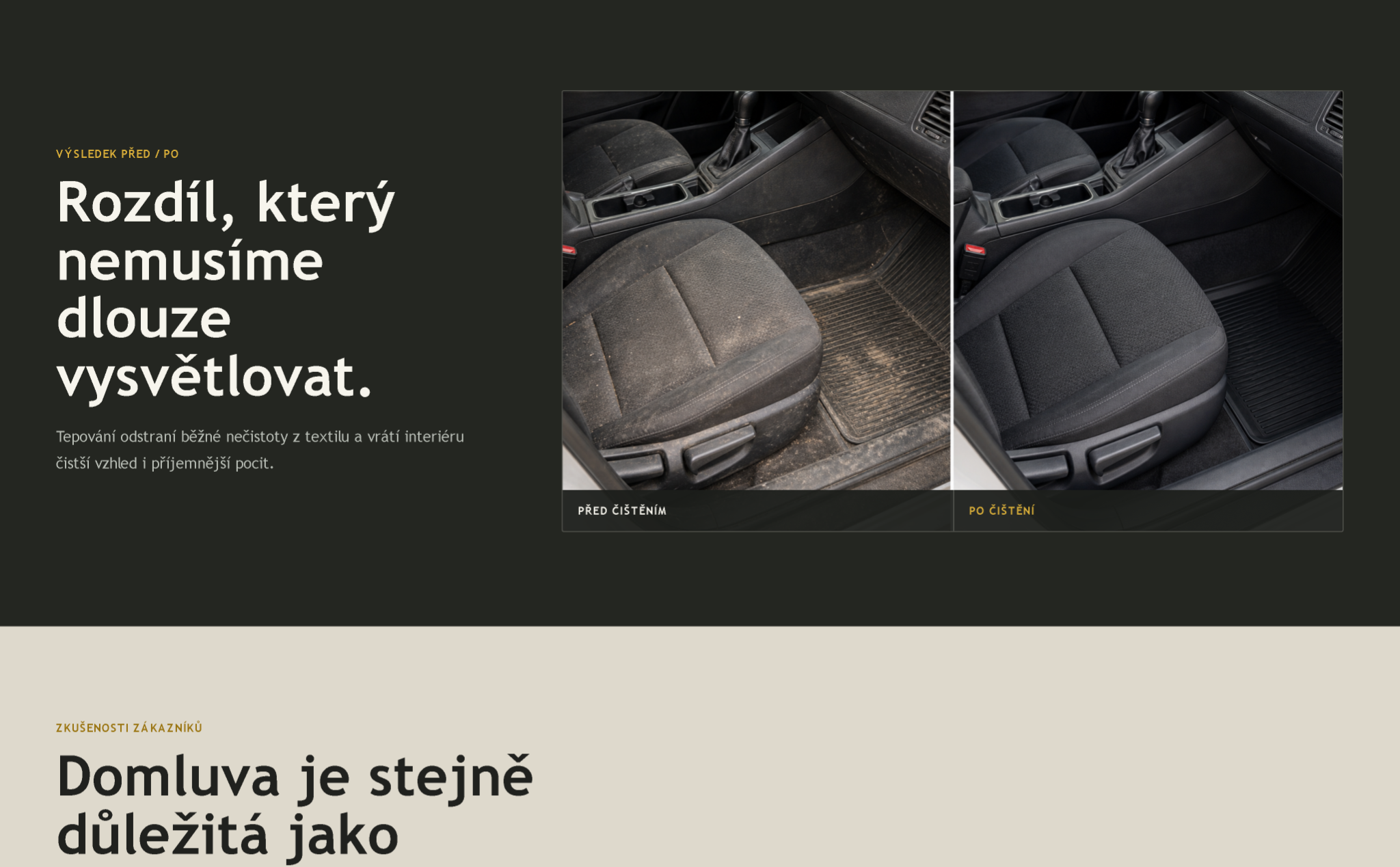 Fotografie před a po čištění interiéru auta