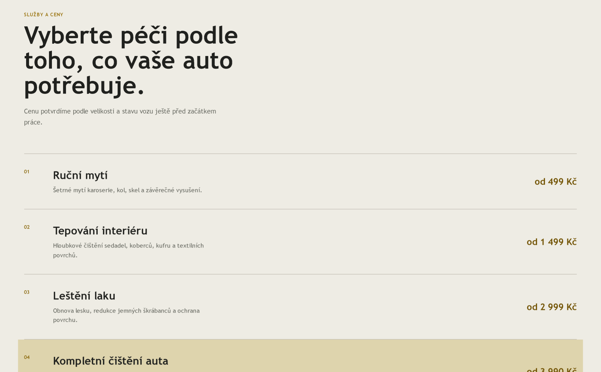 Moderní sekce služeb Auto Čištění Profi s přehledem ručního mytí, tepování a leštění