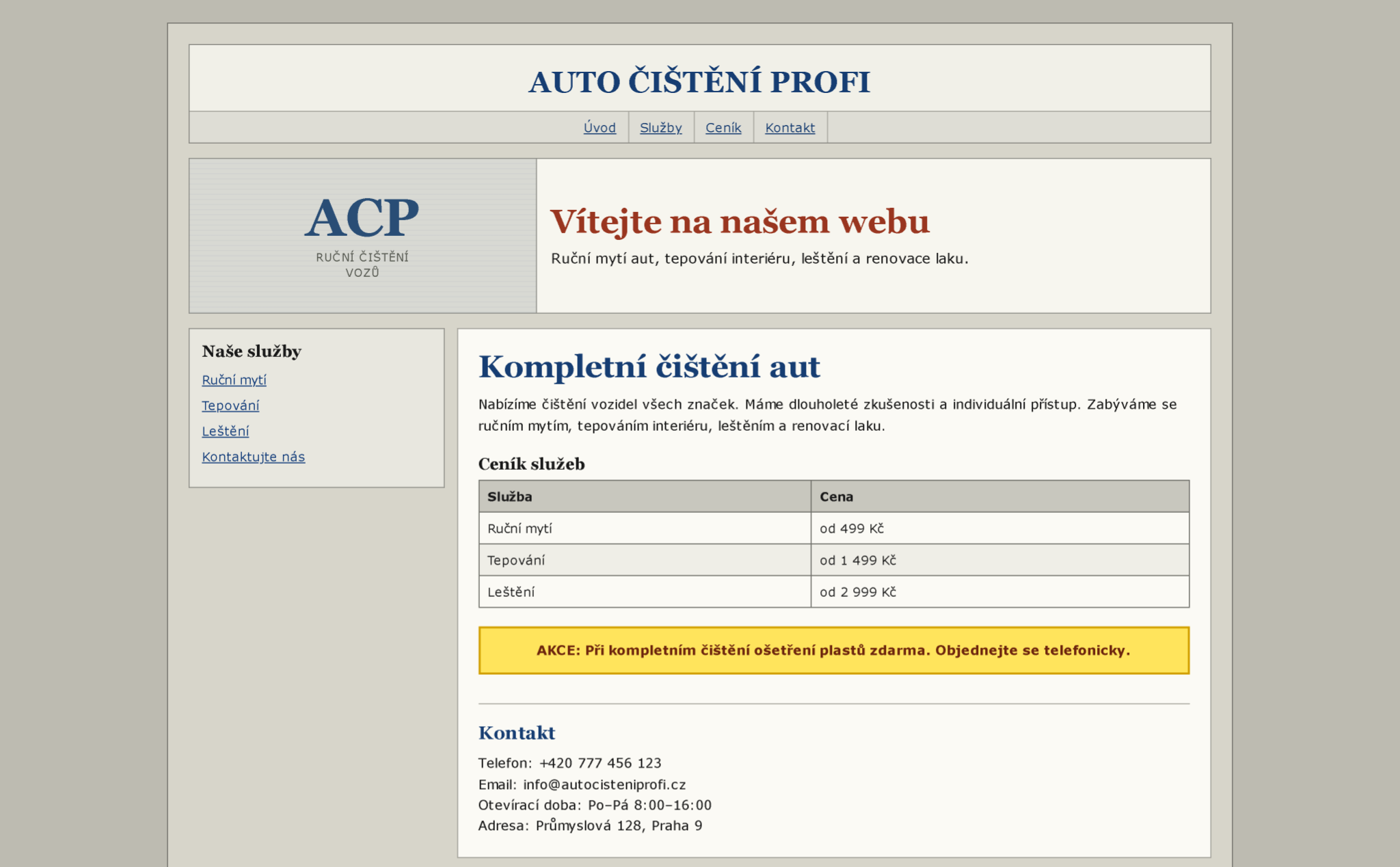 Původní zastaralá úvodní stránka Auto Čištění Profi