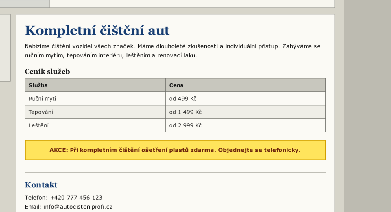 Detail starého ceníku a kontaktu na webu Auto Čištění Profi