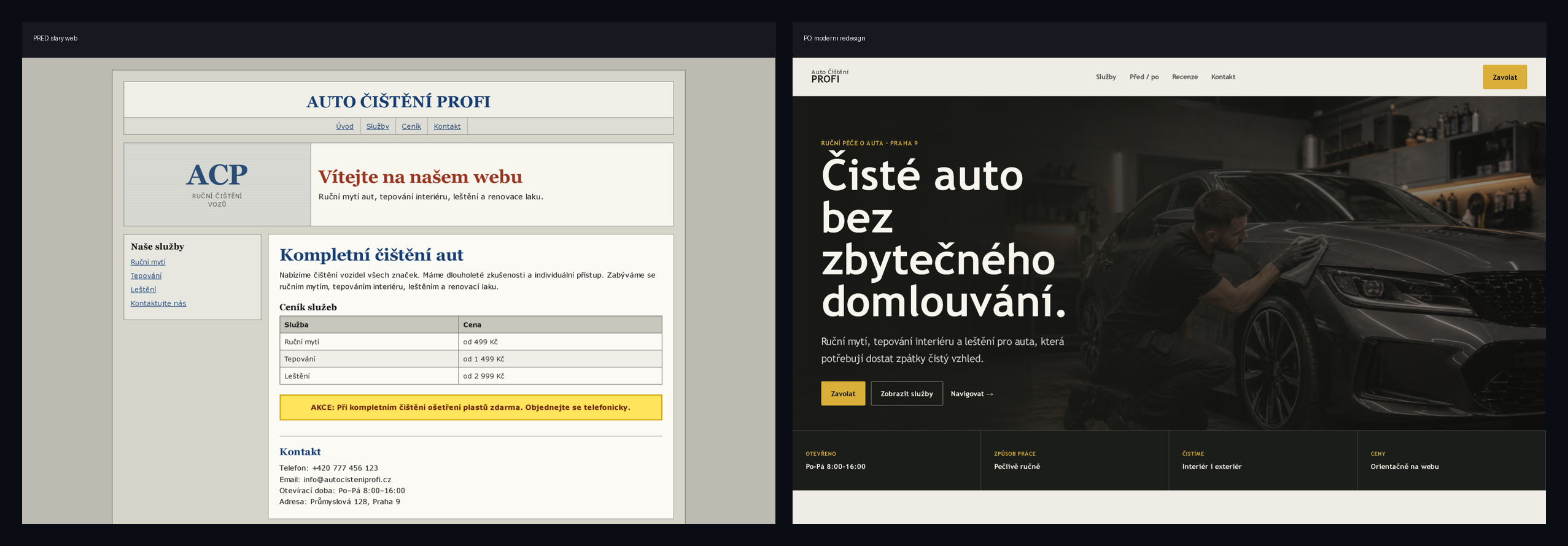 Porovnání starého a nového webu v ukázce redesignu před a po