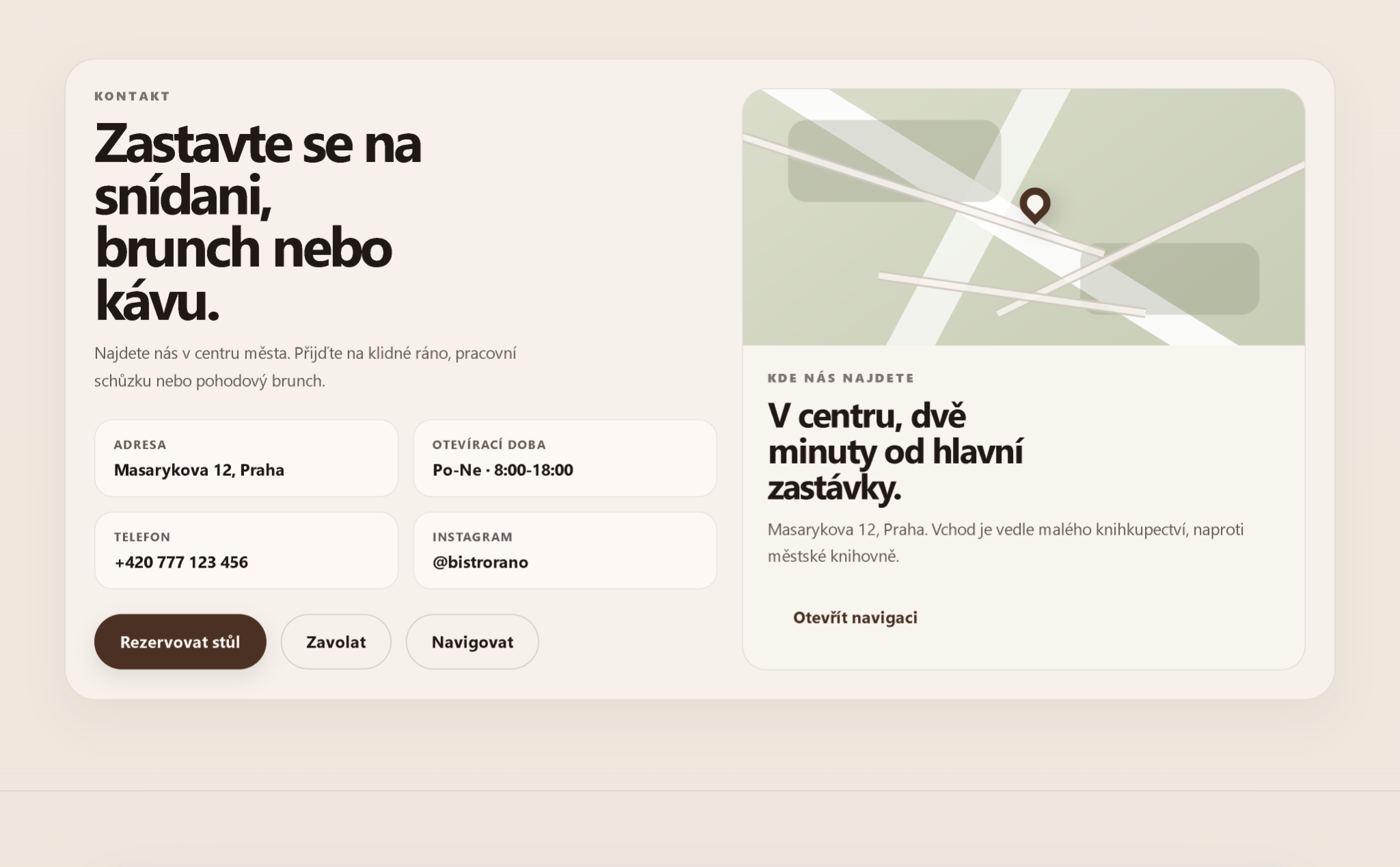 Kontaktní sekce bistra s adresou, telefonem, otevírací dobou a mapou