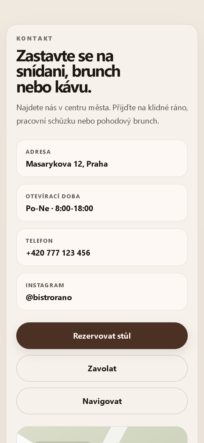Mobilní kontaktní sekce bistra s rezervací, telefonem a navigací
