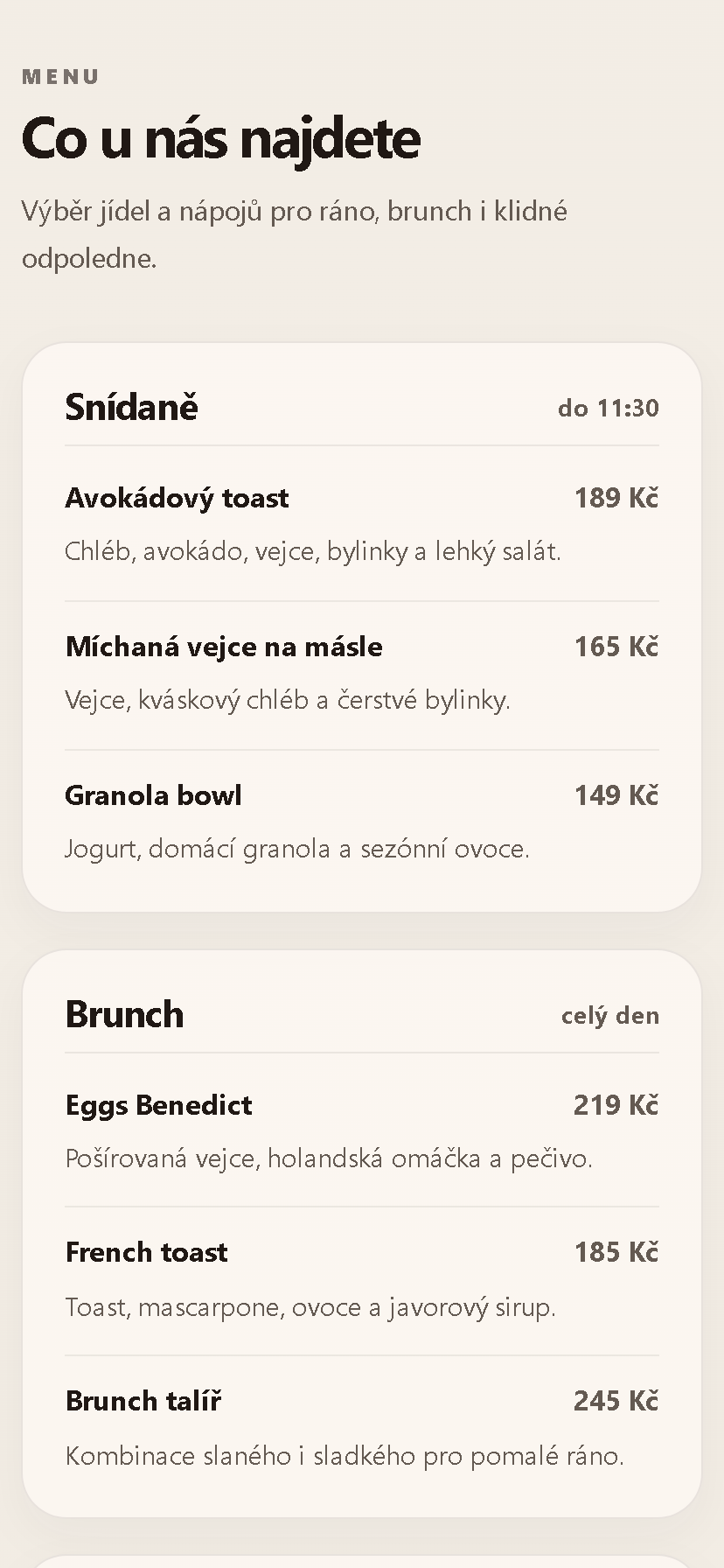 Mobilní menu bistra s nabídkou jídel a cenami