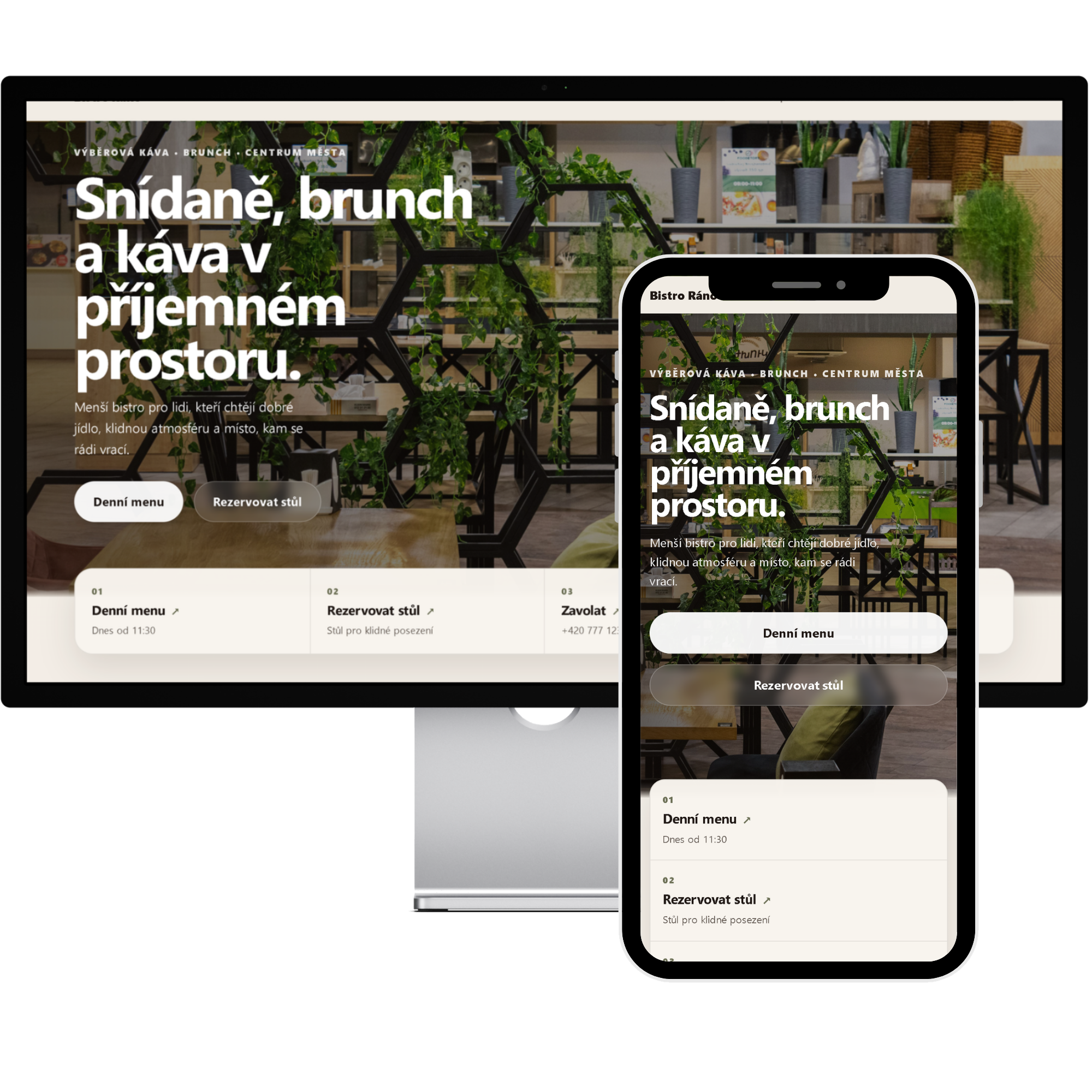 Mockup webu pro kavárnu nebo bistro na desktopu a mobilním telefonu