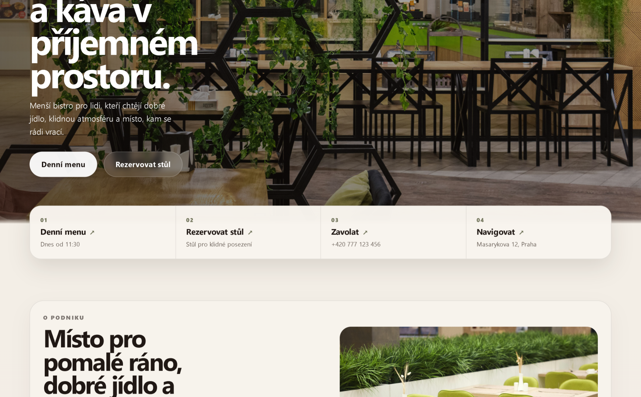 Rychlé akce webu bistra pro denní menu, rezervaci, zavolání a navigaci
