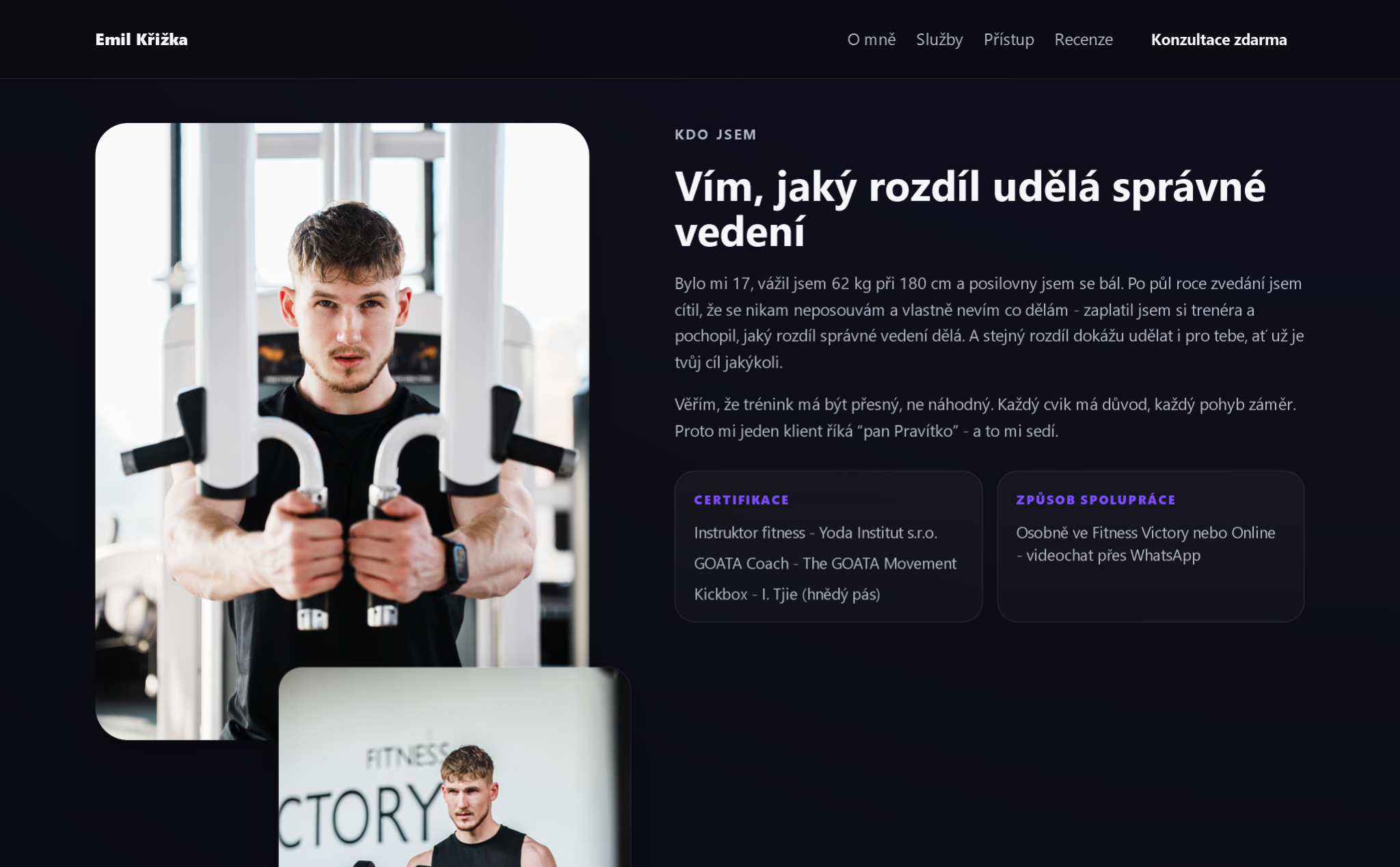 Sekce o trenérovi s příběhem, certifikací a způsobem spolupráce