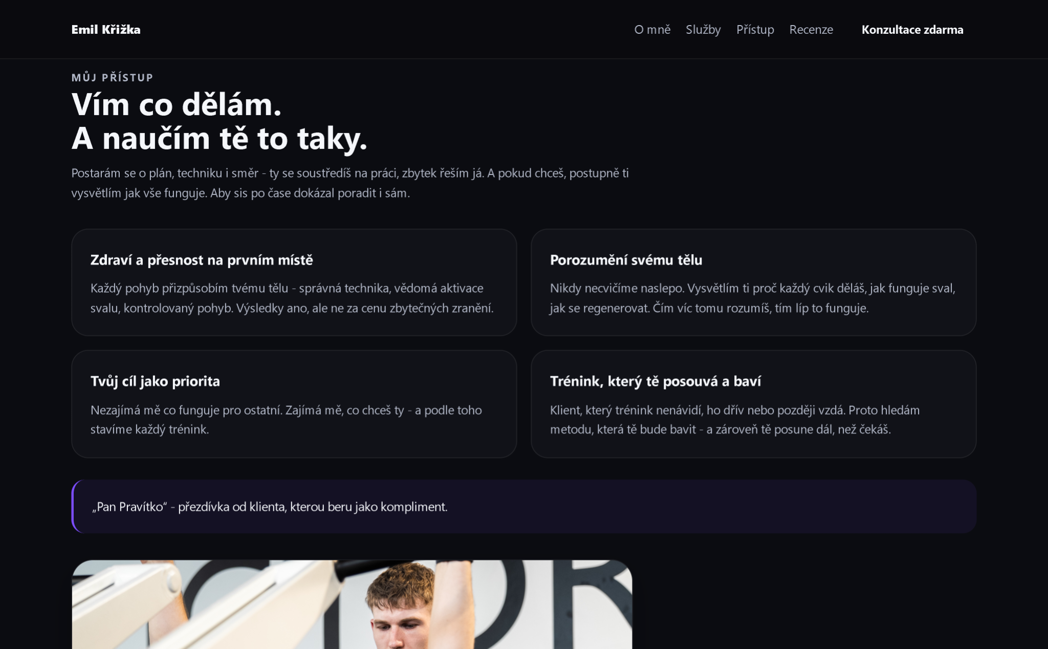 Sekce přístupu osobního trenéra s vysvětlením stylu spolupráce