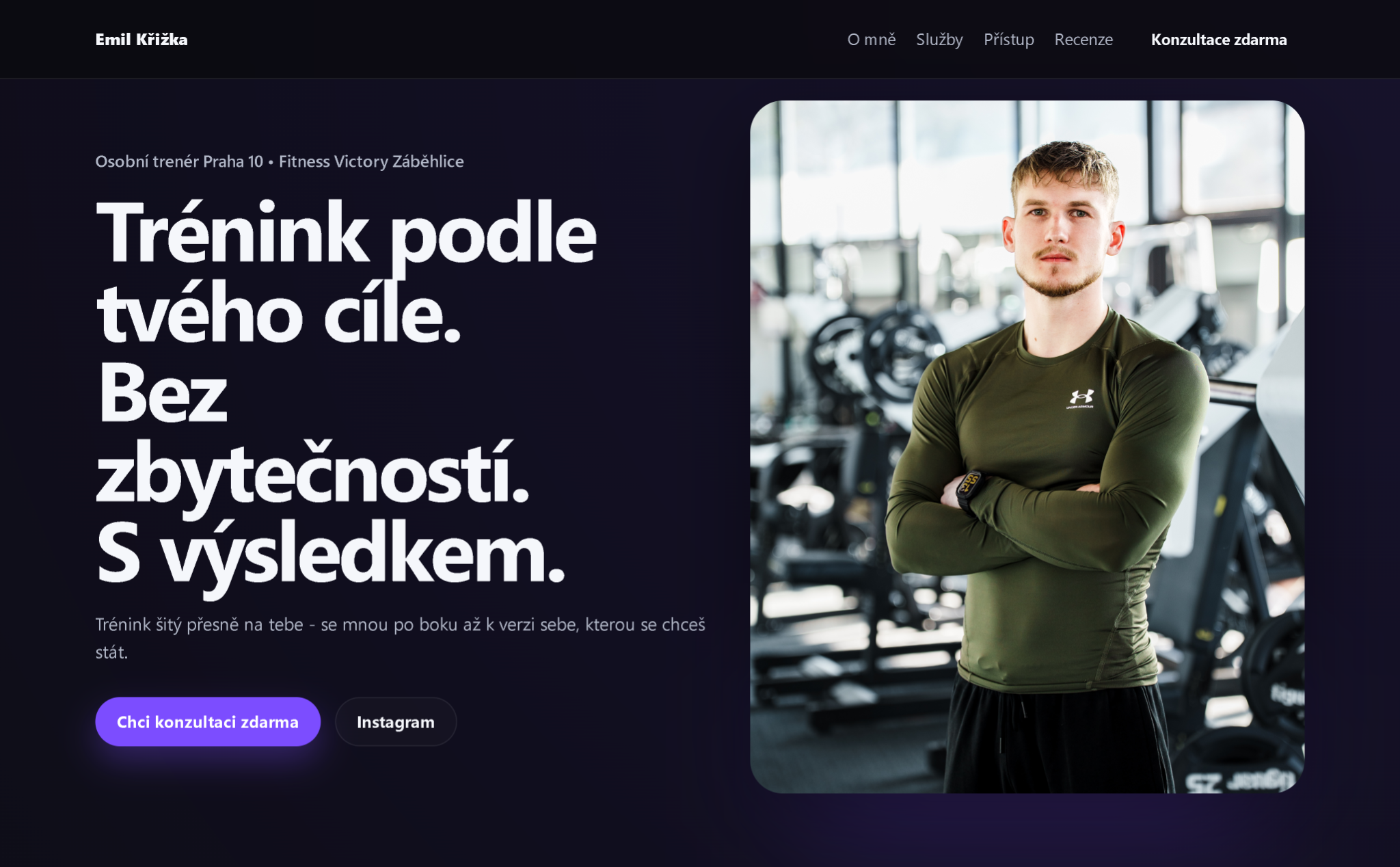 Hero sekce webu osobního trenéra Emila Křížky s tlačítkem na konzultaci zdarma