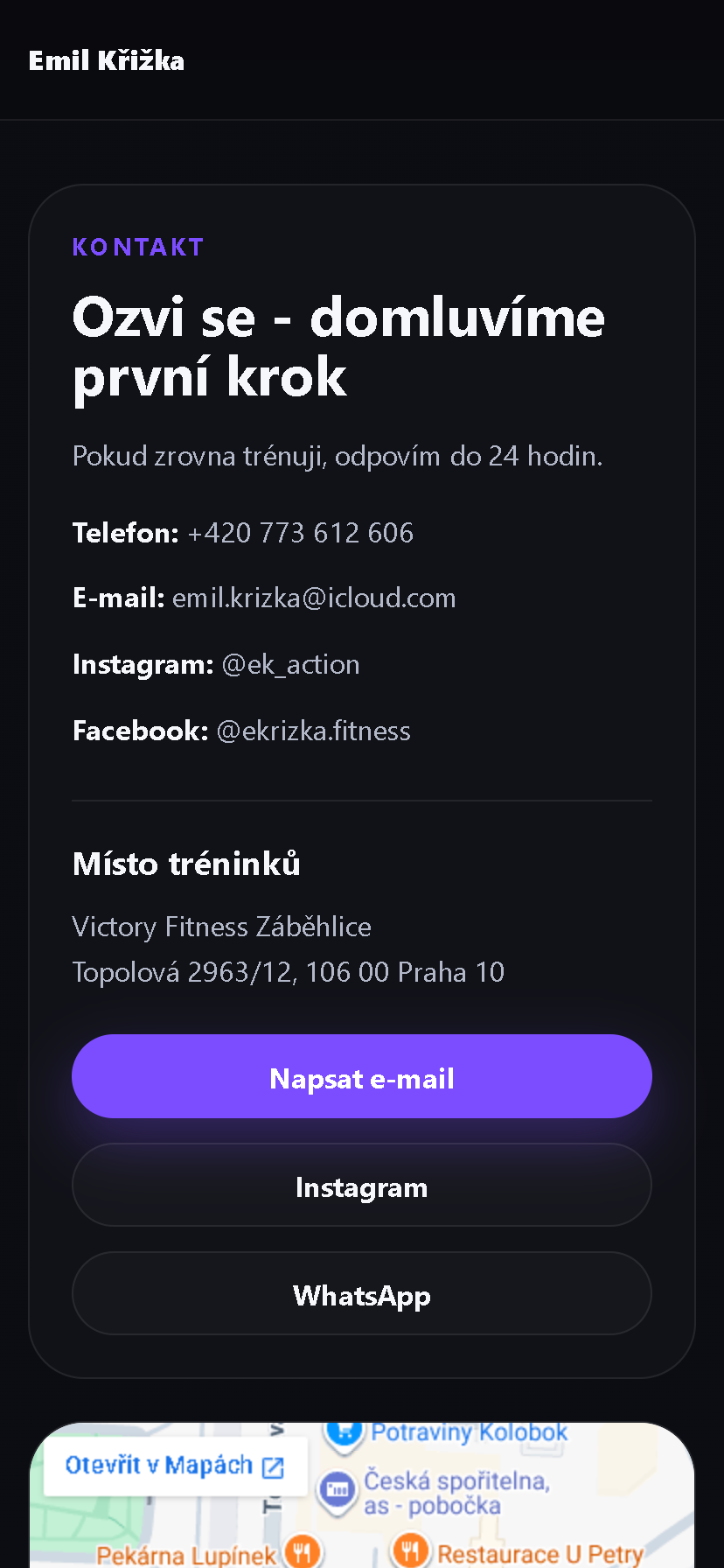 Mobilní kontaktní sekce osobního trenéra