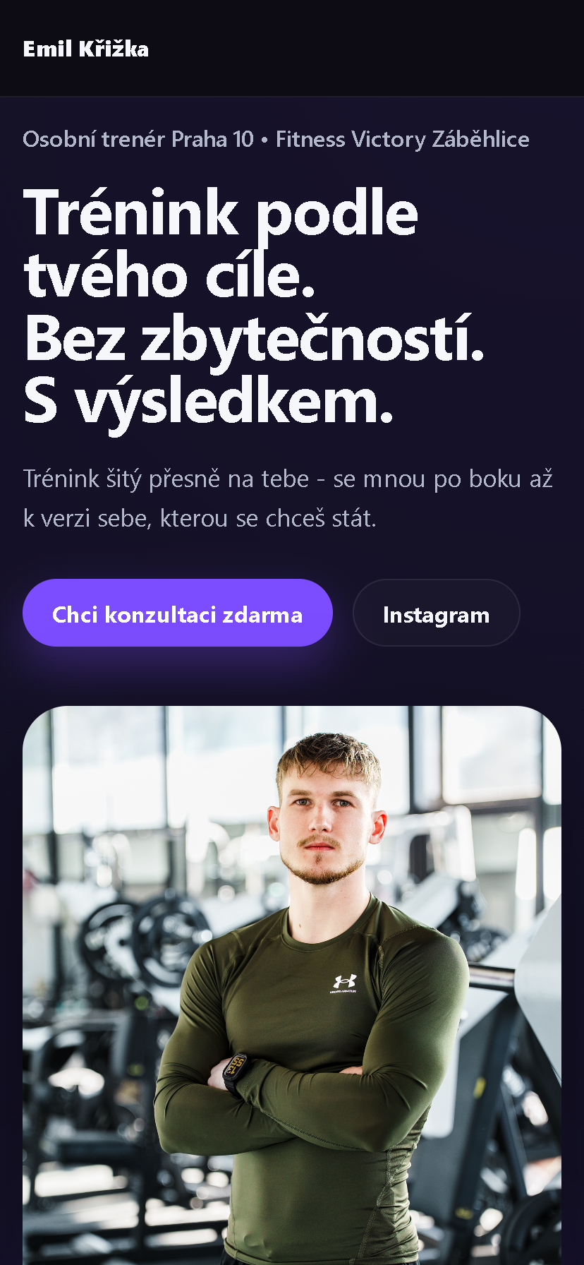 Mobilní hero sekce webu osobního trenéra