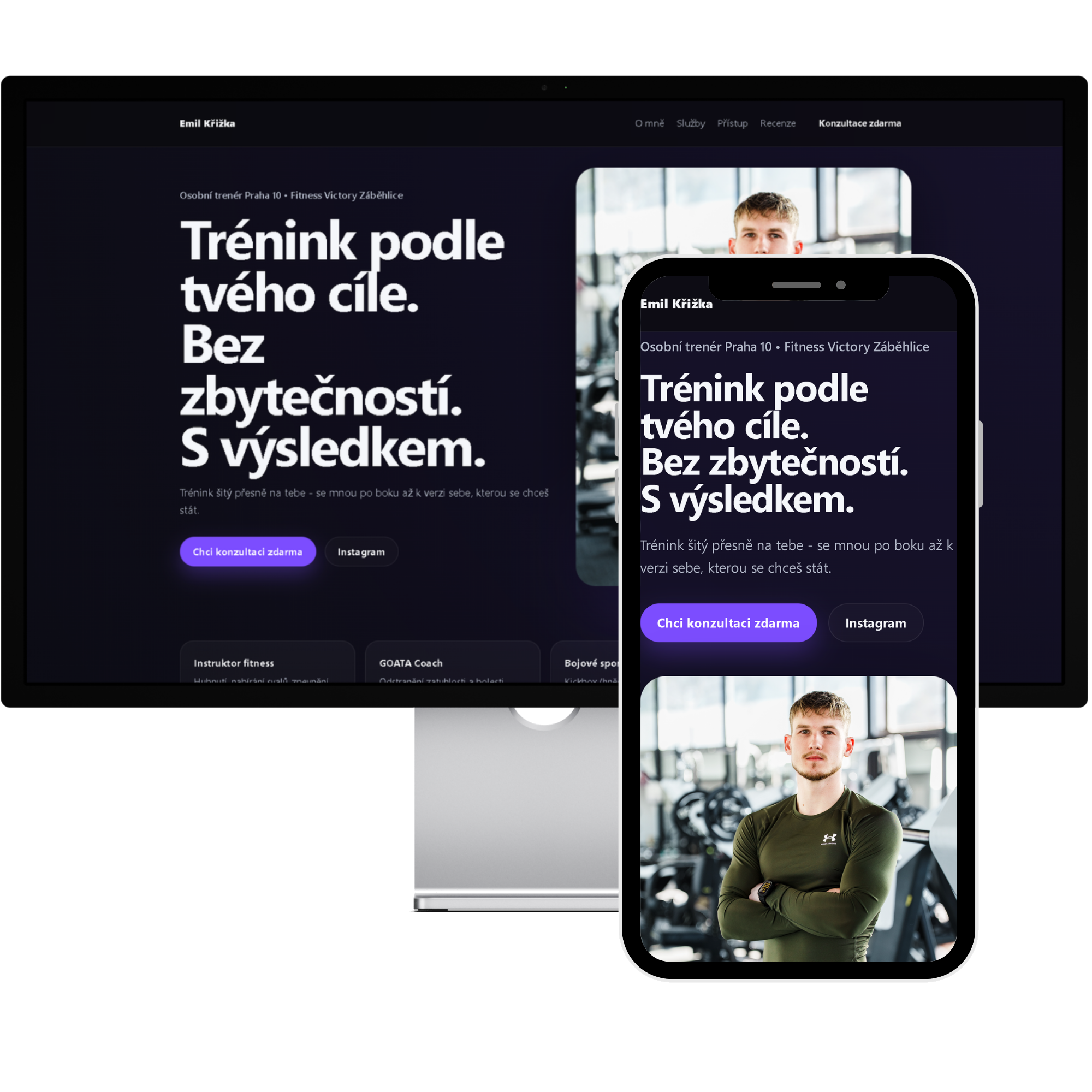 Mockup webu pro osobního trenéra na desktopu a mobilu