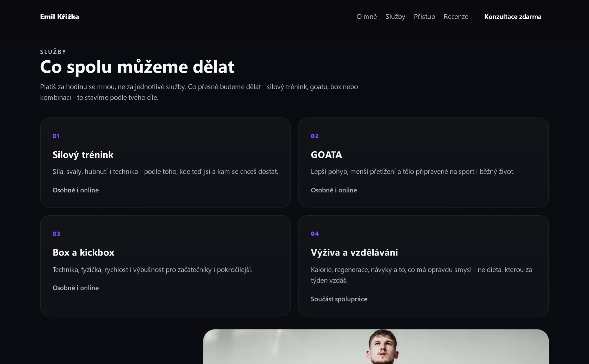 Sekce služeb osobního trenéra se silovým tréninkem, GOATA, boxem a výživou