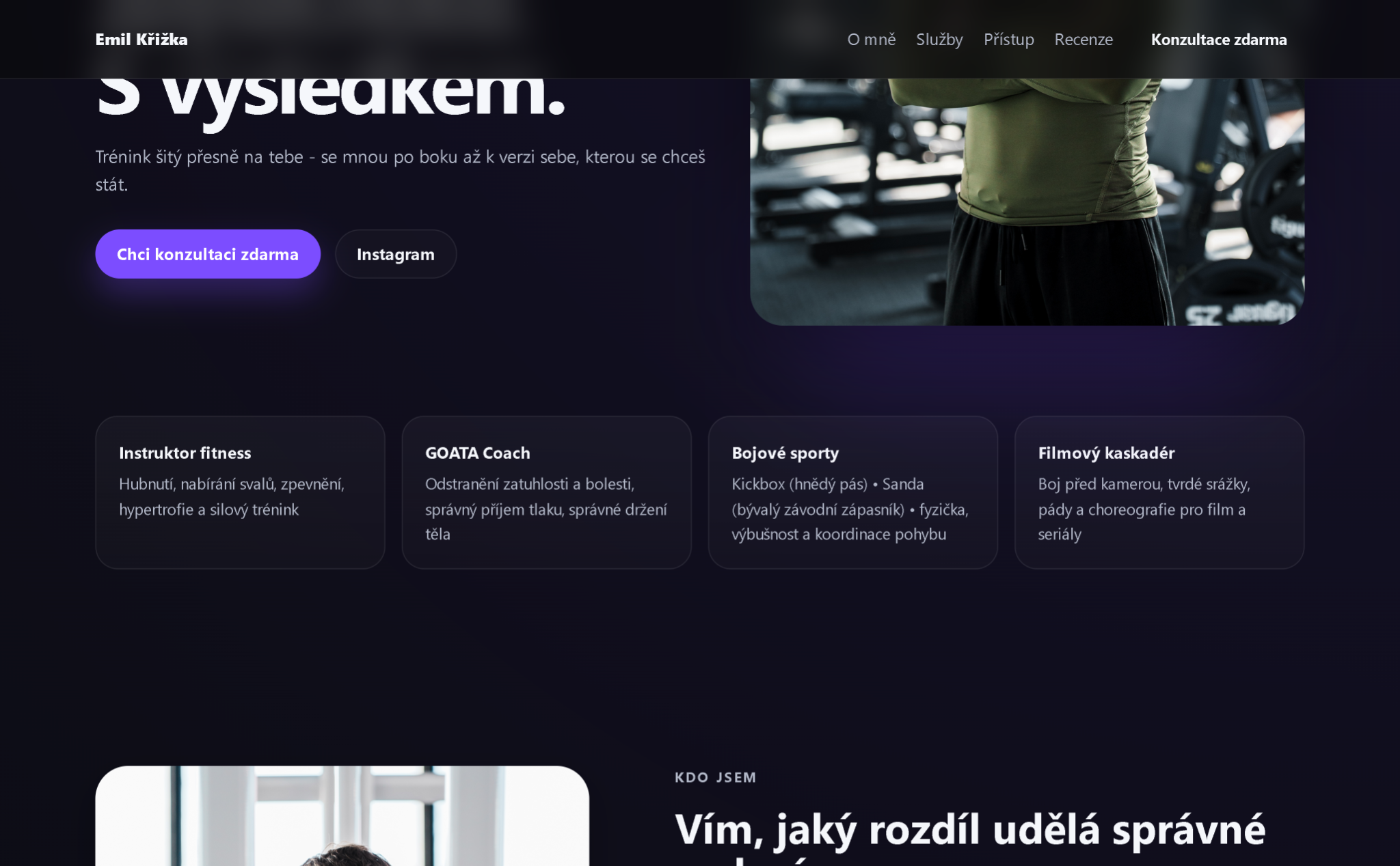 Sekce specializace osobního trenéra s oblastmi fitness, GOATA a bojové sporty