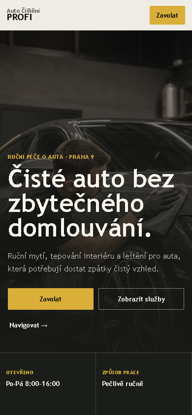 Mobilní verze moderního webu Auto Čištění Profi s tlačítky pro zavolání a zobrazení služeb