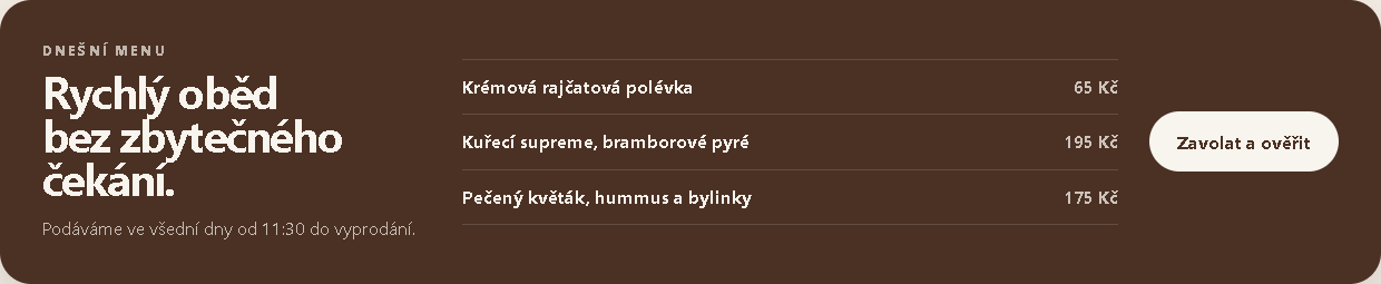 Denní menu bistra s obědovou nabídkou a tlačítkem pro ověření