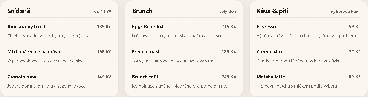Menu bistra s nabídkou snídaní, brunche a výběrové kávy